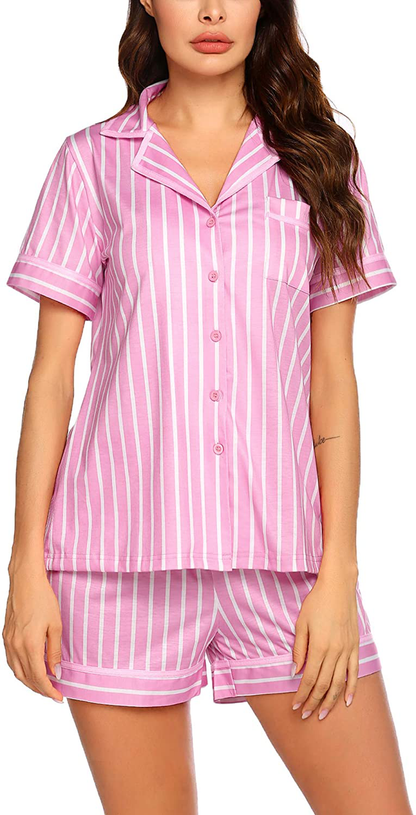 Ekouaer Pajamas Soft Striped Women's Short Sleeve Button Sleepwear Shorts Shirt PJ Set(S-XXL) Apparel & Accessories > Clothing > Sleepwear & Loungewear > Pajamas Ekouaer A-pink Vertical Striped XX-Large 