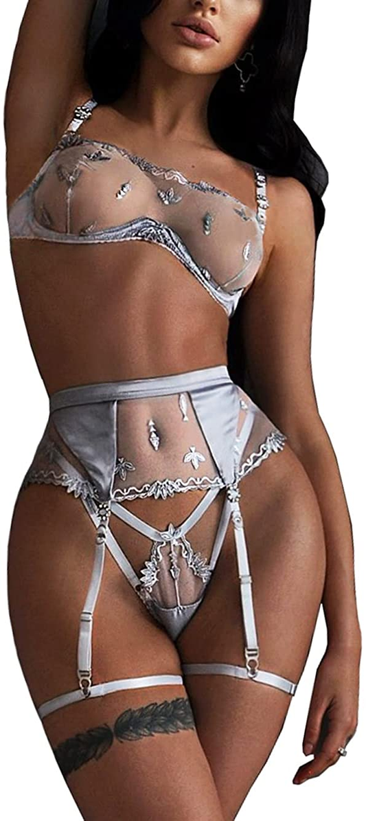 Kaei&Shi Satin Patchwork,Embroidered Underwire Tube Bra,G-String,4 Piece Garter Lingerie Apparel & Accessories > Clothing > Underwear & Socks > Lingerie Kaei&Shi Silver Grey 0-2 