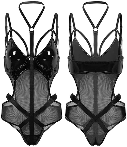 Crubelon Women’s Lingerie Leather Bodysuit Mesh Patchwork Halter Neck High Cut Leotard Bodysuit Clubwear … Apparel & Accessories > Clothing > Underwear & Socks > Lingerie Crubelon   
