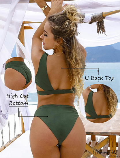 Blooming Jelly Women's High Waisted Swimsuit Crop Top Cut Out Two Piece Cheeky High Rise Bathing Suit Bikini Apparel & Accessories > Clothing > Swimwear Blooming Jelly   