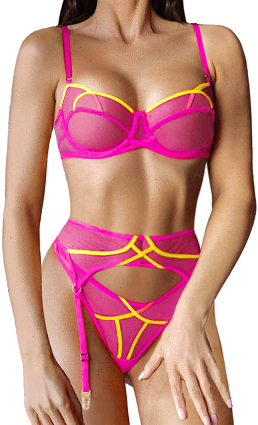 Kaei&Shi Mesh Sheer,Underwire Bra,Thong,Belt,Garter Lingerie for Women Apparel & Accessories > Clothing > Underwear & Socks > Lingerie Kaei&Shi Hot Pink 12 