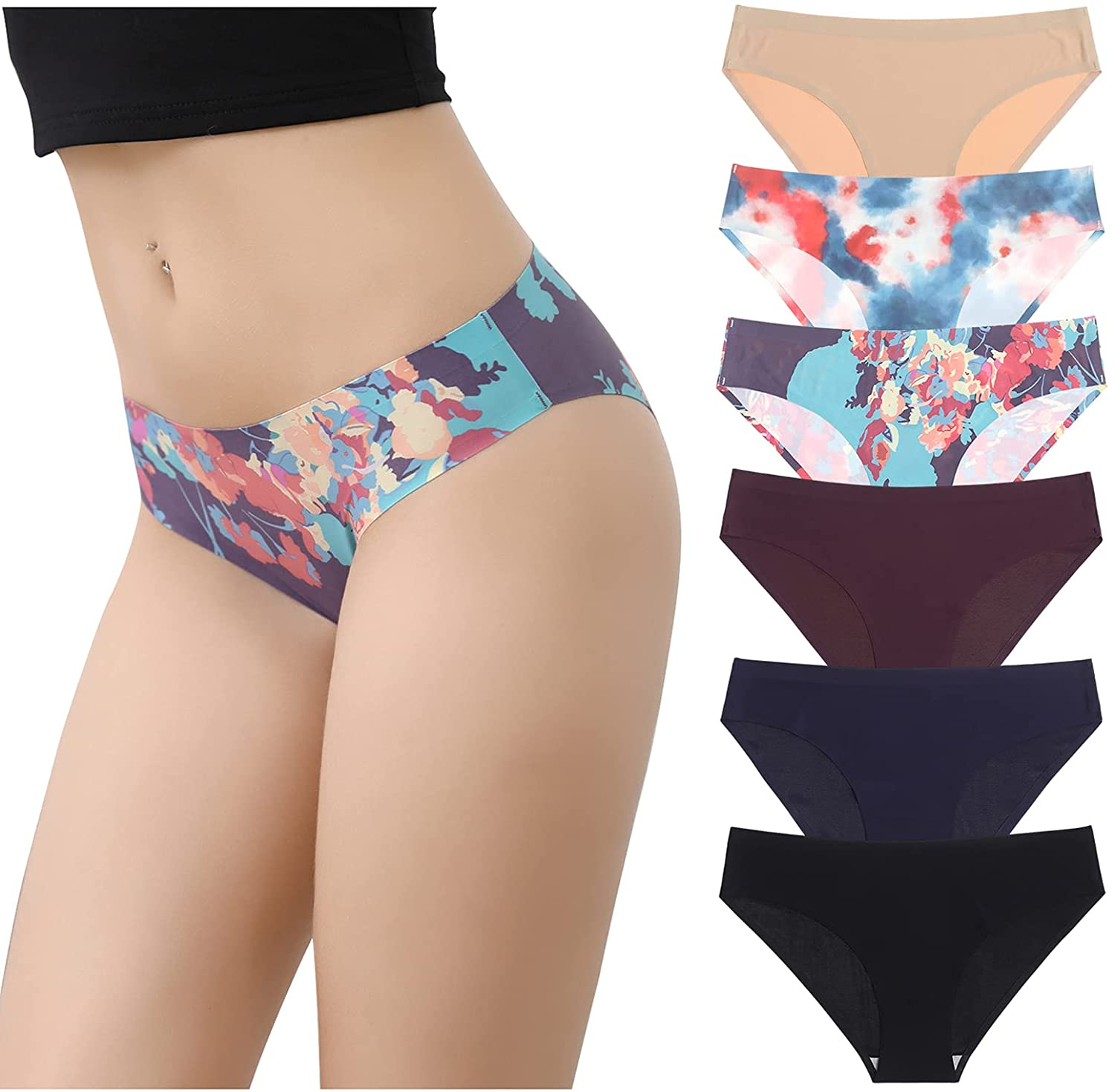 LEVAO Seamless Underwear for Women Soft Breathable Stretch Printed Briefs No Show Cheeky Bikini Panties Pack of 6 Apparel & Accessories > Clothing > Underwear & Socks > Underwear LEVAO Multicolor-a Small 