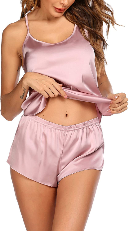 Sheshow Women'S Cami Shorts Sets Satin Sexy Lingerie Pajamas Silky Pjs Sleepwear O Neck Nightwear Lounge Set S-XXL Apparel & Accessories > Clothing > Sleepwear & Loungewear Kylie Max   