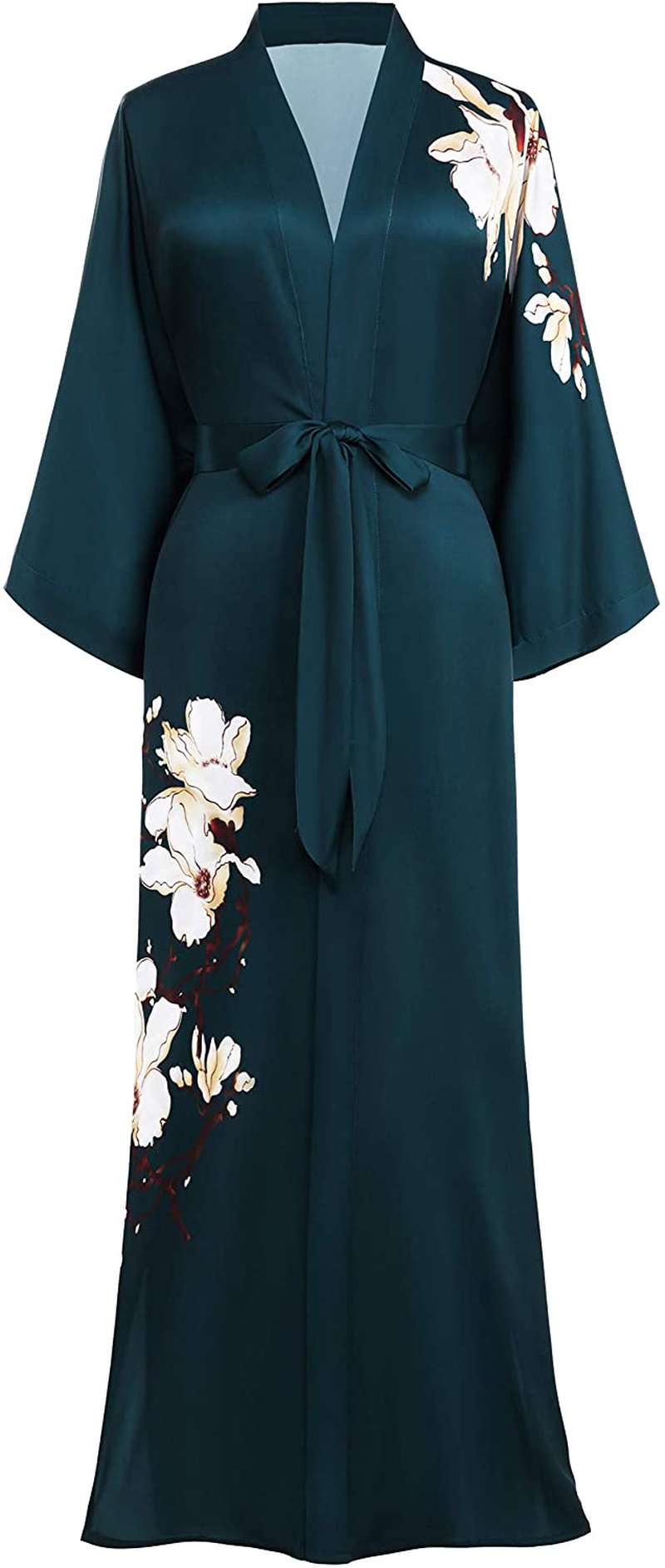 PRODESIGN Long Kimono Robe Satin Sleepwear Gradient Watercolor Silky Kimono Nightgown Bathrobe Kimono Blouse Cardigan Apparel & Accessories > Clothing > Sleepwear & Loungewear > Robes KYLIE MAX Kapok Blossom - Dark Green  