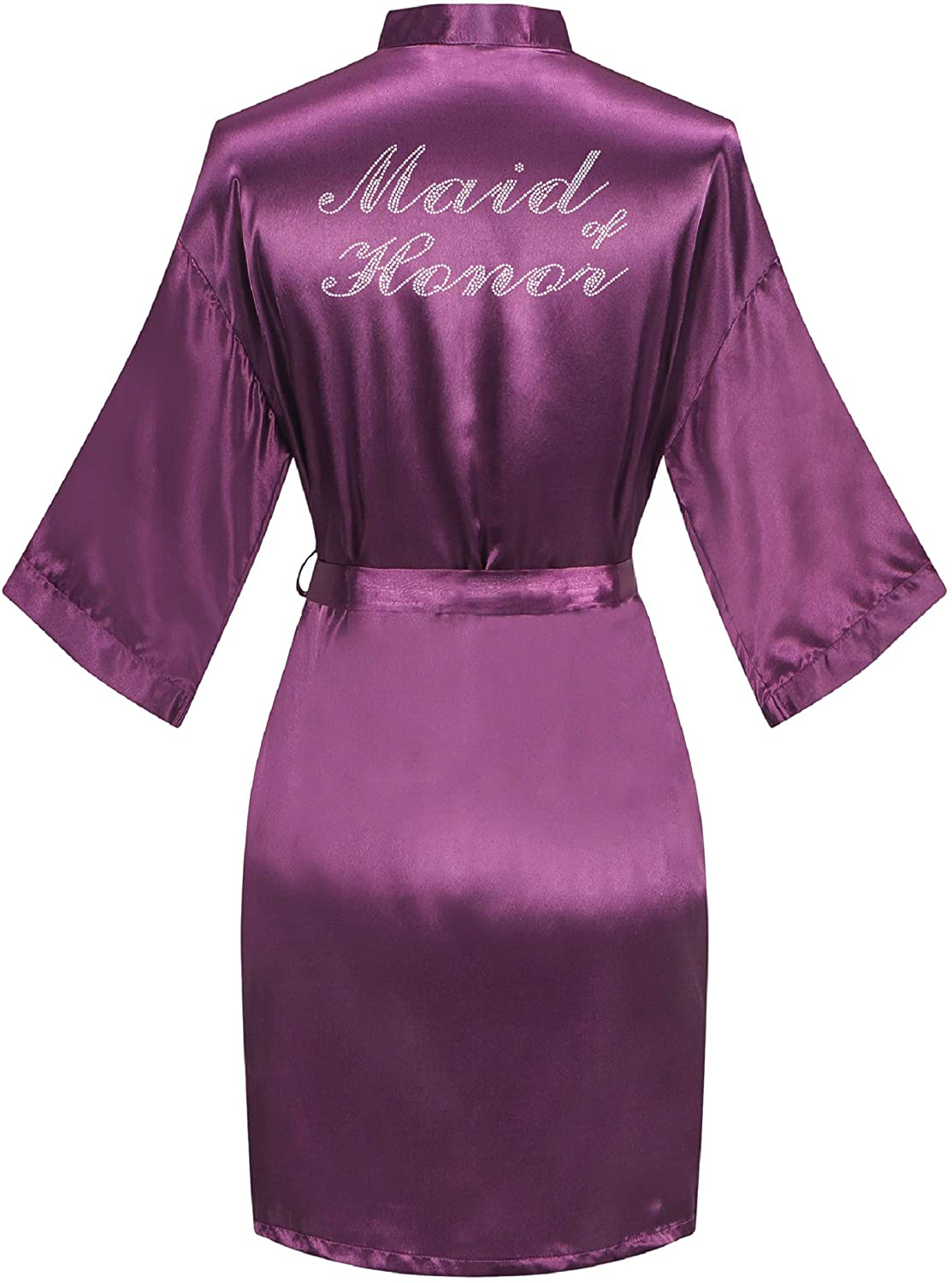 Sunshinemall Women'S Satin Kimono Robes with Rhinestones Bride Bridesmaid Short Sleepwear Wedding Dressing Gown Apparel & Accessories > Clothing > Sleepwear & Loungewear > Robes sunshinemall Maid of Honor-purple Large-X-Large 