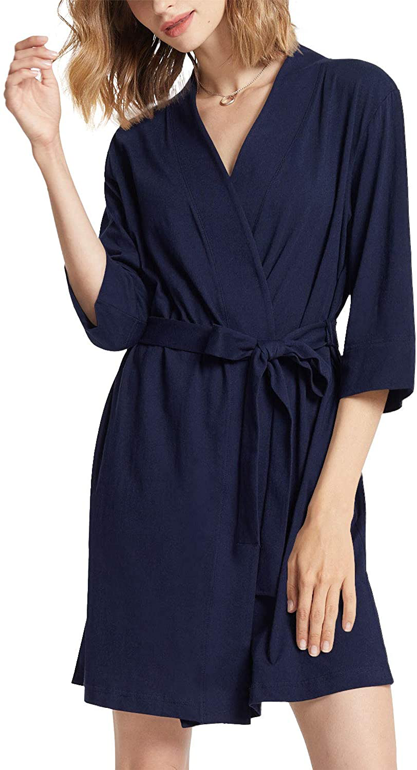 SIORO Womens Cotton Robe Kimono Lightweight Robes Short Knit Bathrobe Soft House Sleepwear Ladies Loungewear XS-3XL Apparel & Accessories > Clothing > Sleepwear & Loungewear > Robes KYLIE MAX Navy X-Large 