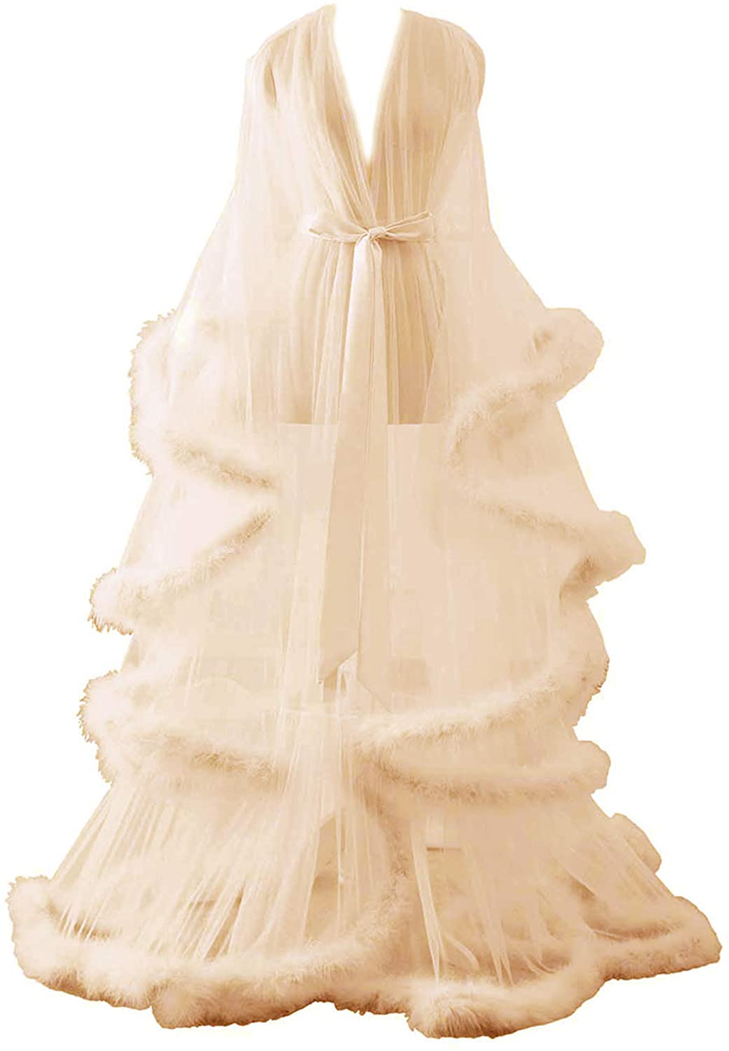 Changuan Sexy Illusion Long Lingerie Robe Nightgown Bathrobe Sleepwear Feather Bridal Robe Wedding Scarf Apparel & Accessories > Clothing > Sleepwear & Loungewear > Robes Changuan   