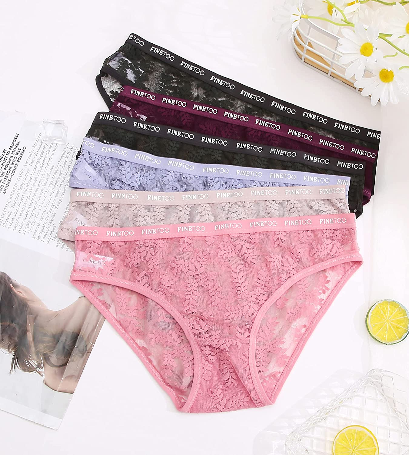 FINETOO Lace Underwear for Women Breathable Sexy Bikini Lightweight Soft Hipster Cheeky Panties 6 Pack S-XL Apparel & Accessories > Clothing > Underwear & Socks > Underwear KYLIE MAX   