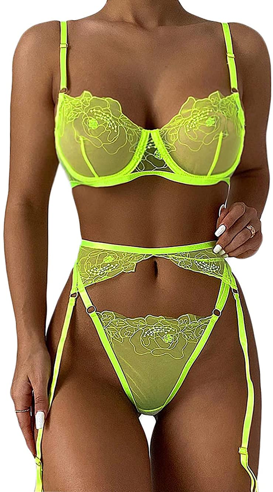 Kaei&Shi Embroidered Mesh Sheer,Underwire Cutout,High Cut Thong,Belt Garter Lingerie Set Apparel & Accessories > Clothing > Underwear & Socks > Lingerie Kaei&Shi Neon Green 12 