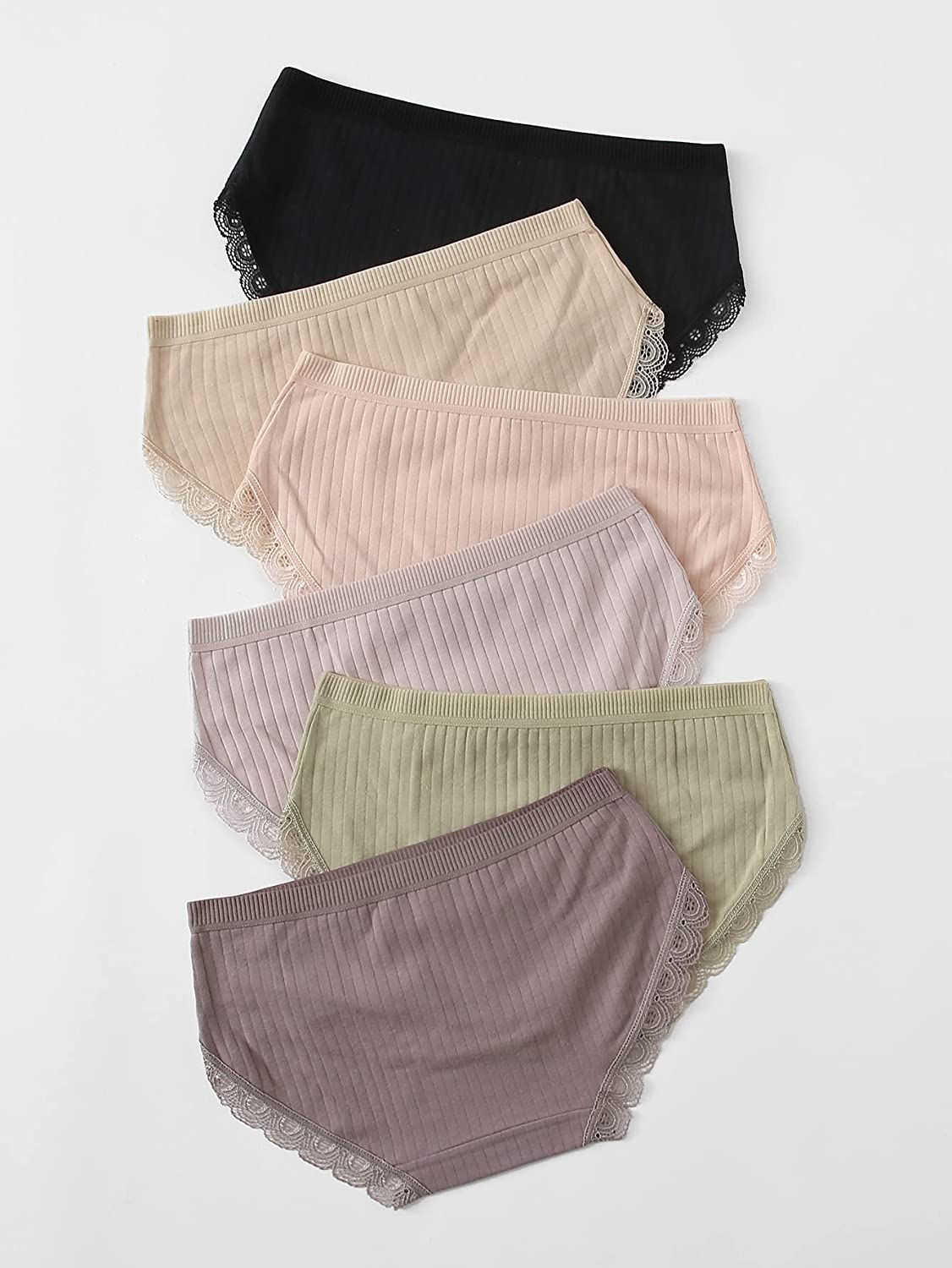 Makemechic Women'S 6Pack Lace Trim Ribbed Brief Panty Set Underwear Apparel & Accessories > Clothing > Underwear & Socks > Underwear MakeMeChic   