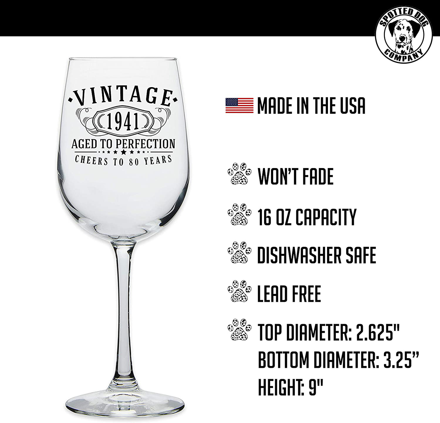 Vintage 1941 Printed 16oz Stemmed Wine Glass, 80th Birthday Aged to Perfection, 80 years old gifts Arts & Entertainment > Party & Celebration > Gift Giving Spotted Dog Company   