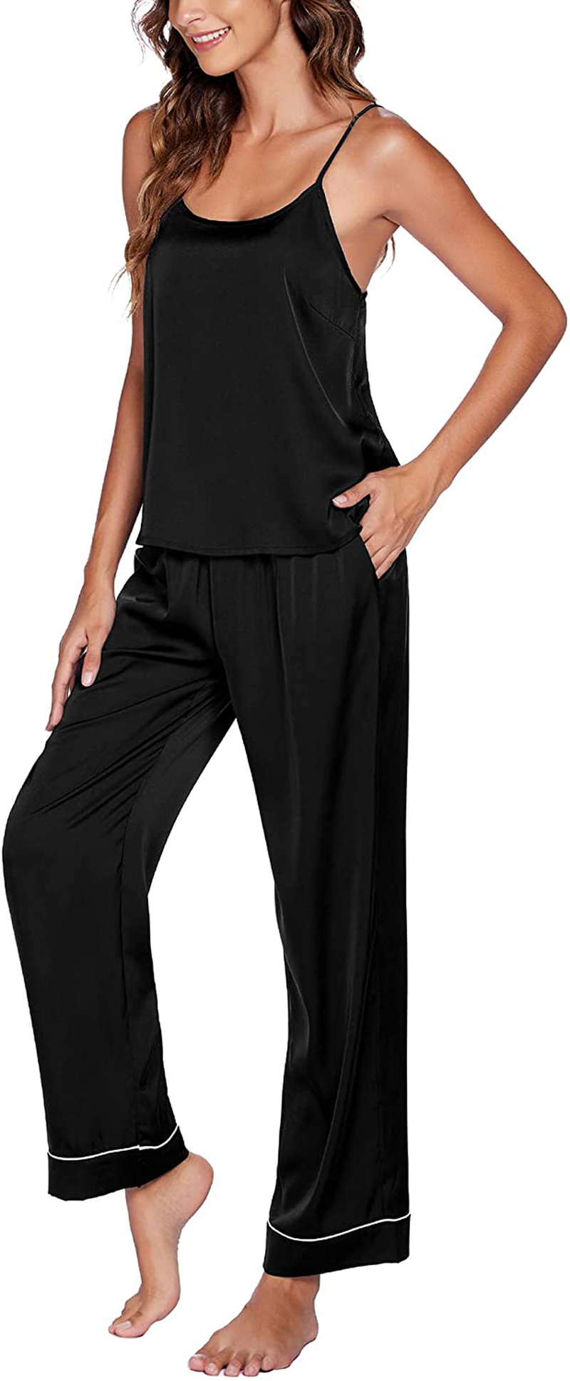 Ekouaer Satin Pajamas Women'S round Neck Sleepwear Soft Silk Cami Top and Long Pants Sexy Lingerie Nightwear Sets S-XXL Apparel & Accessories > Clothing > Sleepwear & Loungewear Kylie Max   