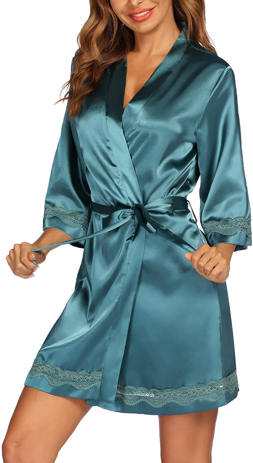 Ekouaer Women'S Lace-Trim Kimono Style Short Satin Robe Sleepwear with 3/4 Sleeve Apparel & Accessories > Clothing > Sleepwear & Loungewear > Robes Ekouaer   
