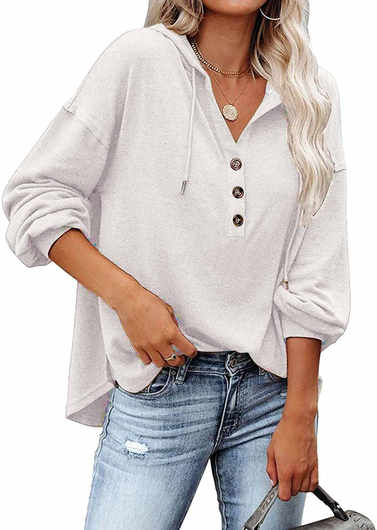 REVETRO Womens V Neck Long Sleeve Henley Shirts Button down Sweatshirts Hoodies Tunic Tops with Drawstring Apparel & Accessories > Clothing > Activewear Kylie Max   