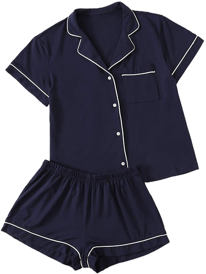 Floerns Women's Notch Collar Short Sleeve Sleepwear Two Piece Pajama Set Apparel & Accessories > Clothing > Sleepwear & Loungewear > Pajamas Floerns Navy Small 