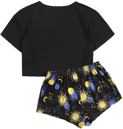 Sweatyrocks Women'S Cute Graphic Print Short Sleeve Crop Top with Shorts Pajama Set Apparel & Accessories > Clothing > Sleepwear & Loungewear Kylie Max   