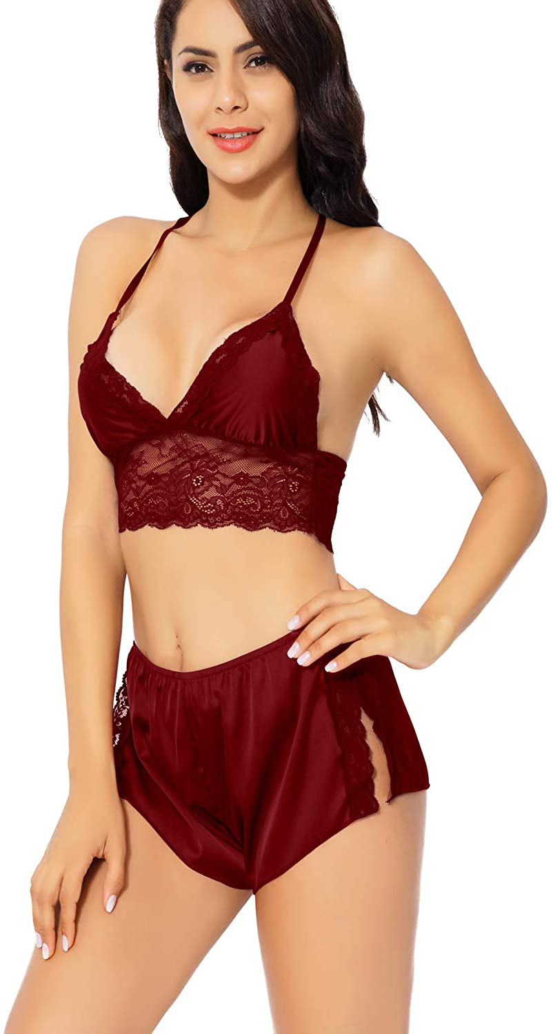 Lingerie for Women Cute Silk Pajamas Sets Satin Lace Trim Cami Tops and Shorts 2 Piece Straps Bralette and Panty Sleepwear Apparel & Accessories > Clothing > Sleepwear & Loungewear Kylie Max   