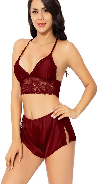 Lingerie for Women Cute Silk Pajamas Sets Satin Lace Trim Cami Tops and Shorts 2 Piece Straps Bralette and Panty Sleepwear Apparel & Accessories > Clothing > Sleepwear & Loungewear Kylie Max   