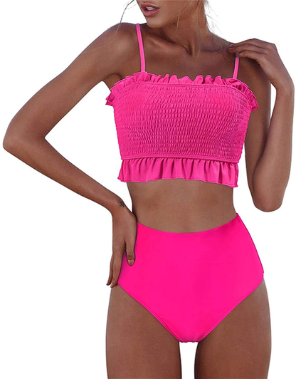 RXRXCOCO Womens Shirred Bandeau Bikini Cute Two Piece Swimsuit Off Shoulder High Waist Bathing Suit Apparel & Accessories > Clothing > Swimwear RXRXCOCO Hot Pink-1 Small 