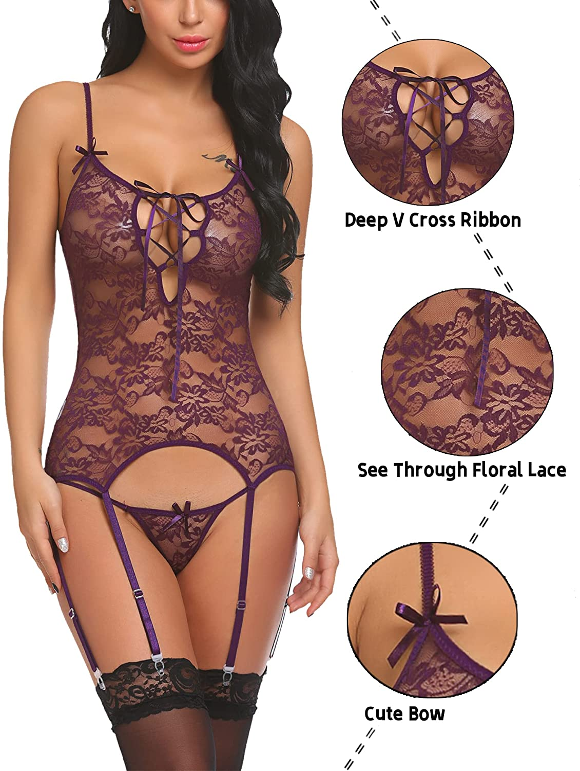 Avidlove Women Lace Bodysuit Lingerie Set Babydoll Chemise with Garter Belts Apparel & Accessories > Clothing > Underwear & Socks > Lingerie Avidlove   