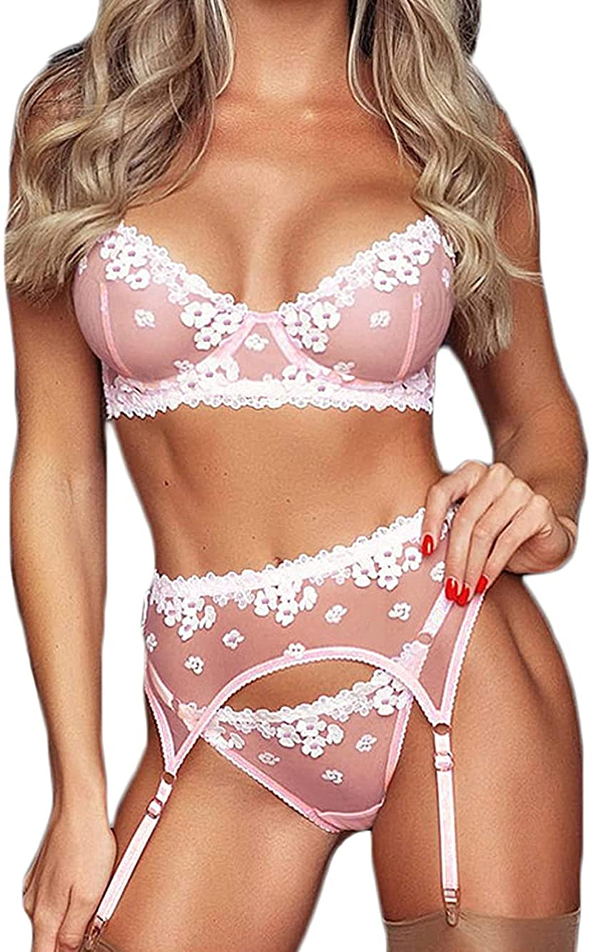 Kaei&Shi Embroidered Applique Lace Lingerie,Underwire Mesh Sheer Honeymoon Matching 3 Piece Lingerie Set Apparel & Accessories > Clothing > Underwear & Socks > Lingerie Kaei&Shi Pink 6-8 
