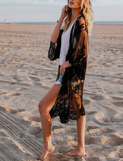 Bsubseach Women Sexy Lace Crochet Open Front Swimsuit Beach Long Kimono Cover Ups Apparel & Accessories > Clothing > Swimwear Kylie Max   