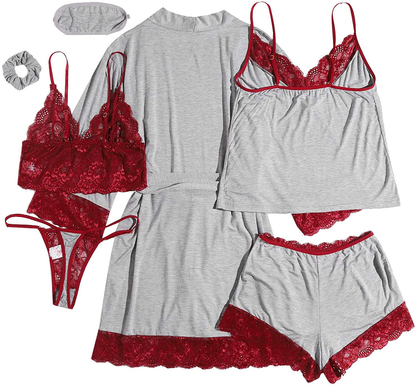 Shein Women'S 7Pcs Floral Lace Trim Cami Pajama Set with Robe and Eye Mask Apparel & Accessories > Clothing > Sleepwear & Loungewear Kylie Max   