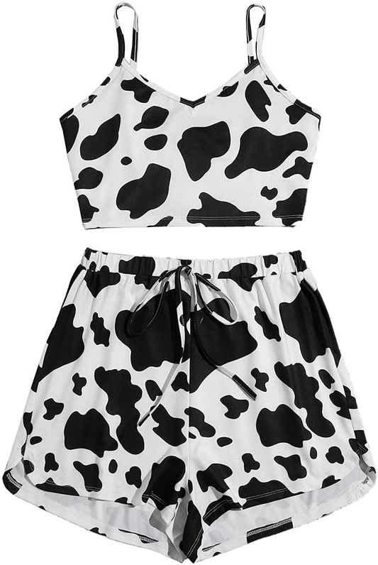Shein Women'S Sleepwear Set Cow Print Cami Top with Drawstring Shorts Casual Cute Pajama Set Apparel & Accessories > Clothing > Sleepwear & Loungewear Kylie Max   