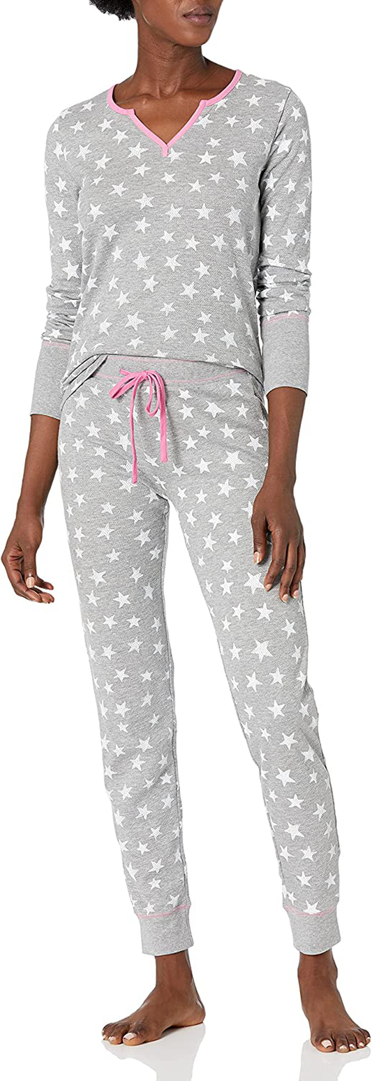 Mae Women's Vintage Thermal Henley Long Sleeve Top with Jogger Pajama Set Apparel & Accessories > Clothing > Sleepwear & Loungewear > Pajamas Mae White Stars Large 