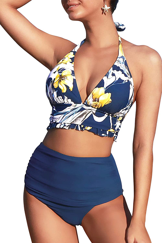 CUPSHE Women's Halter Bikini Ruched High Waisted Swimsuits Apparel & Accessories > Clothing > Swimwear KYLIE MAX Navy Blue Large 