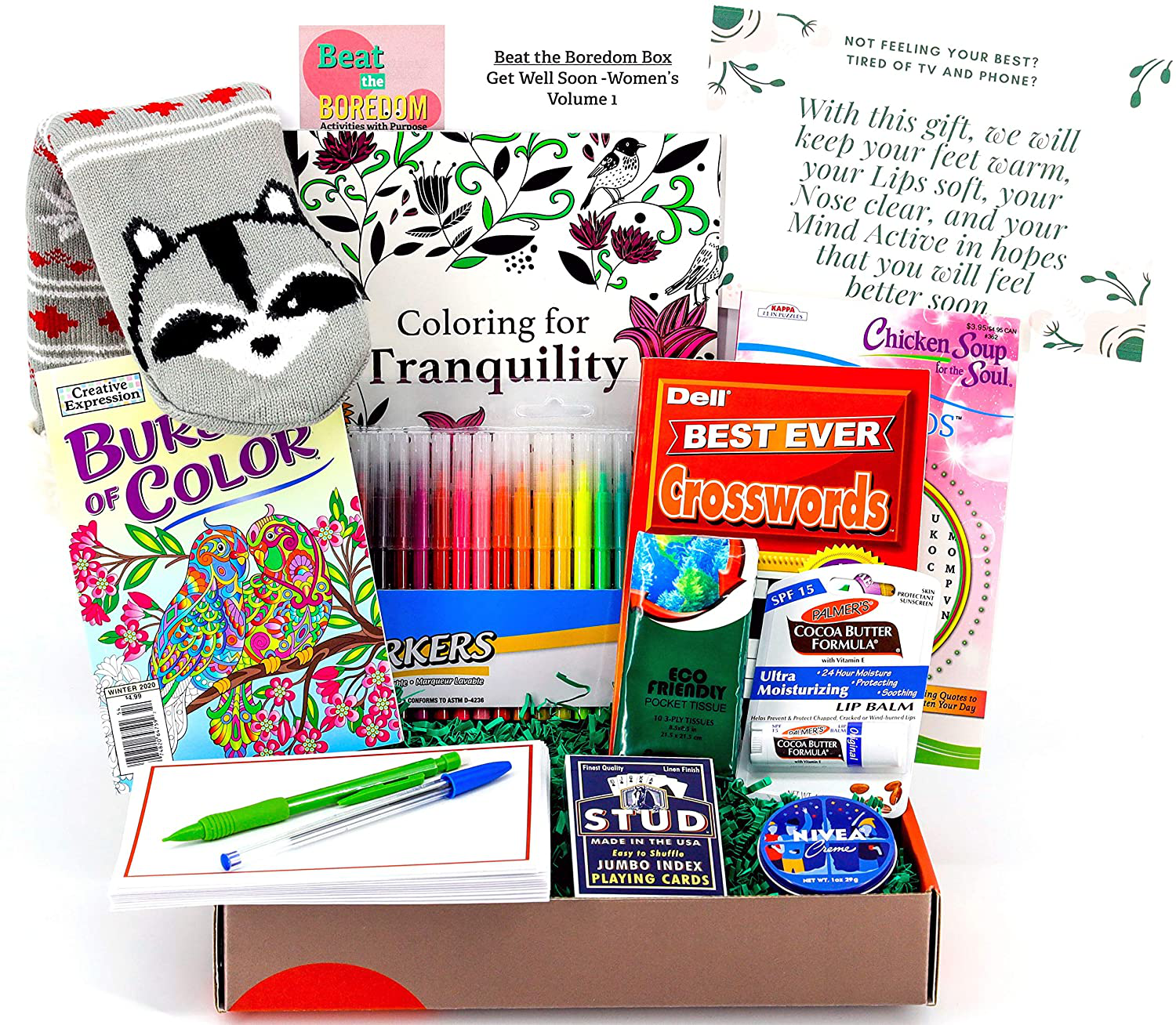 Get Well Gifts for Women Beat the Boredom Box Non Food Gift Basket Get Well Message Plush Non-Slip Socks Lip Balm Travel Tissue Cream Crossword Book Word Search Book Adult Coloring Books Cards Markers Arts & Entertainment > Party & Celebration > Gift Giving Beat the Boredom Box   