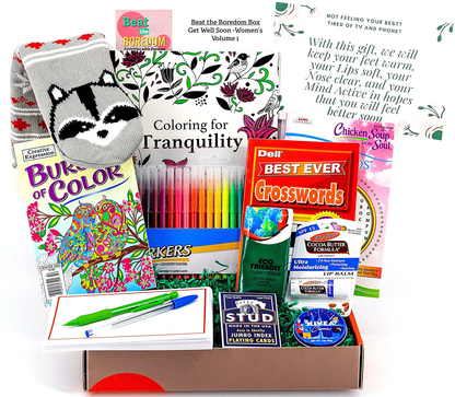 Get Well Gifts for Women Beat the Boredom Box Non Food Gift Basket Get Well Message Plush Non-Slip Socks Lip Balm Travel Tissue Cream Crossword Book Word Search Book Adult Coloring Books Cards Markers Arts & Entertainment > Party & Celebration > Gift Giving Beat the Boredom Box   