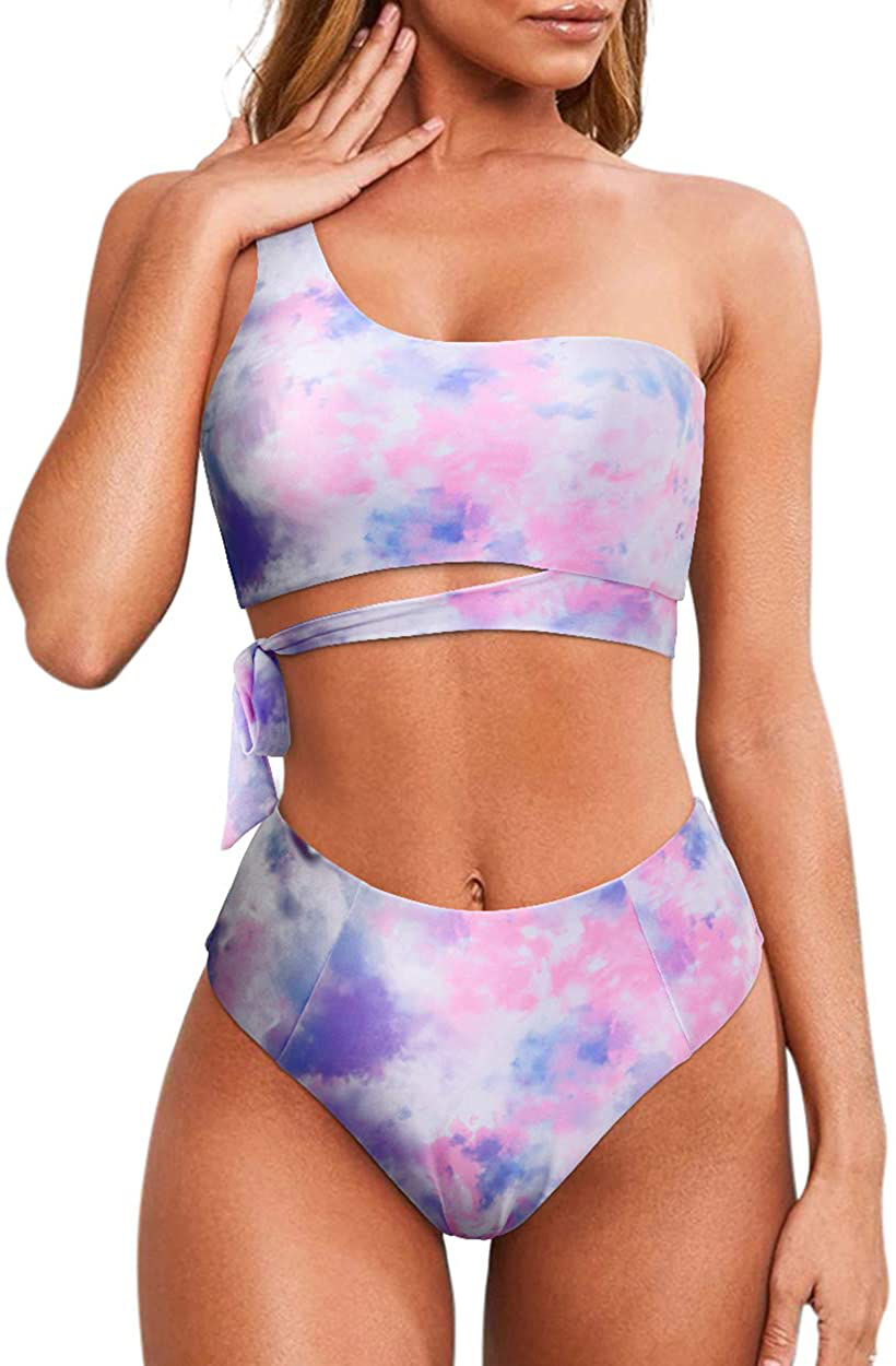 MOOSLOVER Women One Shoulder High Waisted Bikini Tie High Cut Two Piece Swimsuits Apparel & Accessories > Clothing > Swimwear MOOSLOVER Tie-dye Medium 