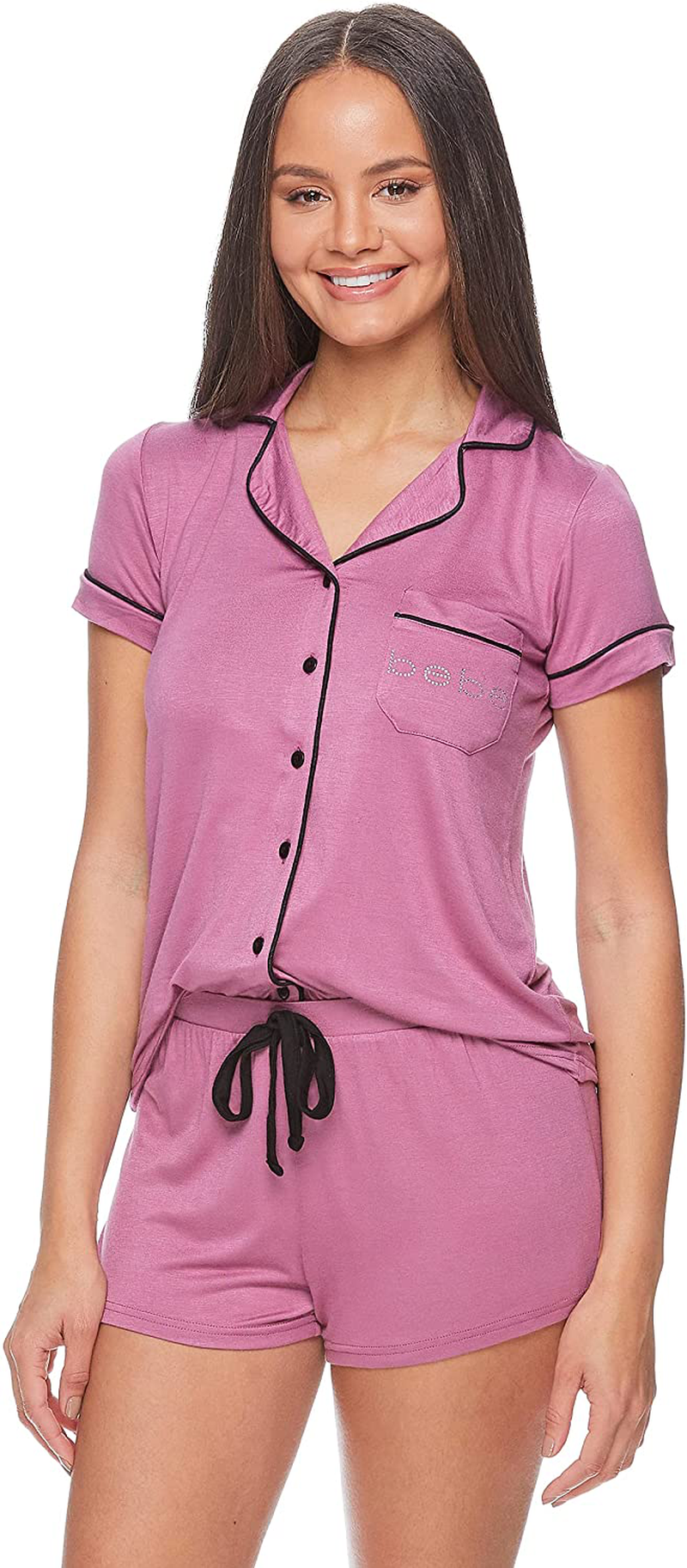 bebe Womens Pajama Sets Button Down Shirt and Shorts Sleepwear Lounge PJ Sets Apparel & Accessories > Clothing > Sleepwear & Loungewear > Pajamas bebe Mauve-pink Medium 