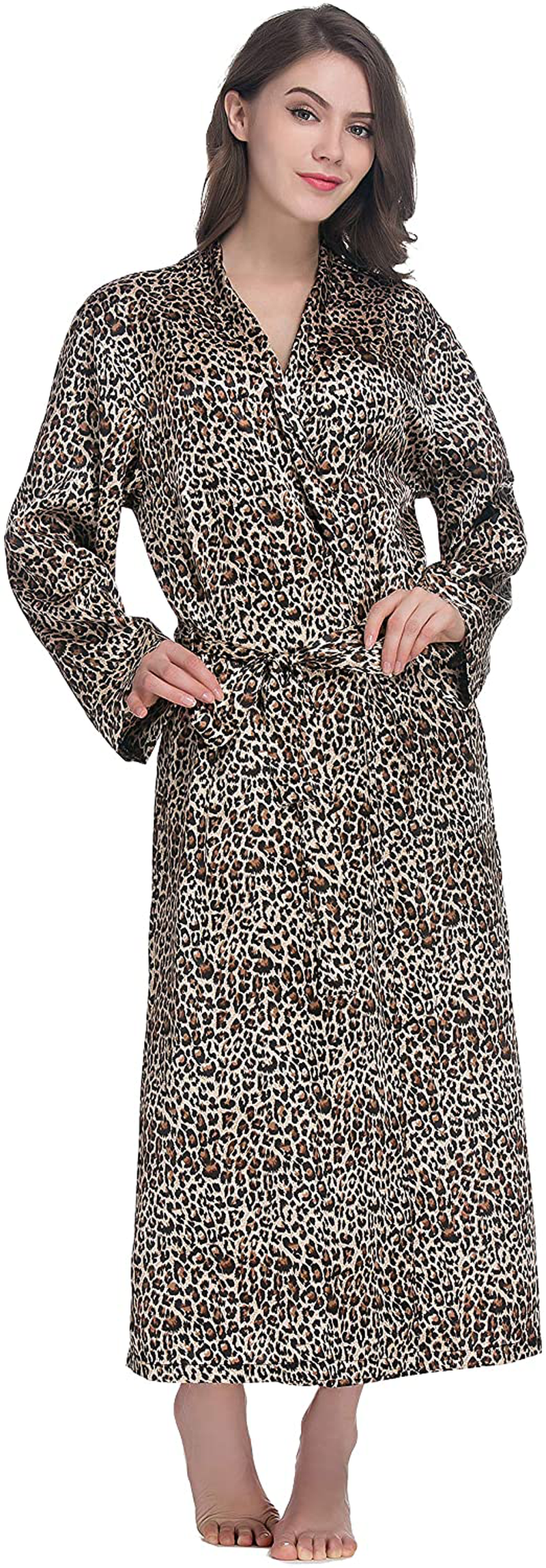 Lavenderi Women'S Long Classic Satin Kimono Lounge Bathrobe Robe Apparel & Accessories > Clothing > Sleepwear & Loungewear > Robes Lavenderi Leopard Small 
