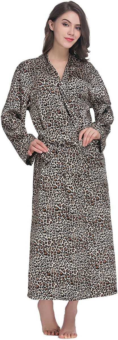 Lavenderi Women'S Long Classic Satin Kimono Lounge Bathrobe Robe Apparel & Accessories > Clothing > Sleepwear & Loungewear > Robes Lavenderi Leopard Small 
