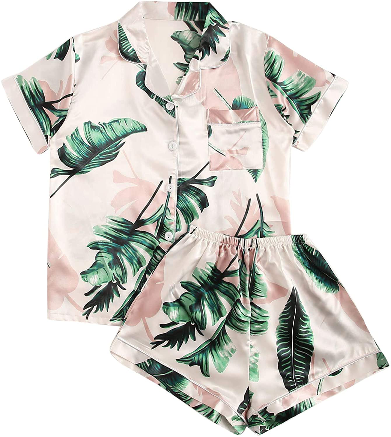 Floerns Women's Notch Collar Palm Leaf Print Sleepwear Two Piece Pajama Set Apparel & Accessories > Clothing > Sleepwear & Loungewear > Pajamas Floerns A Multi Print Small 