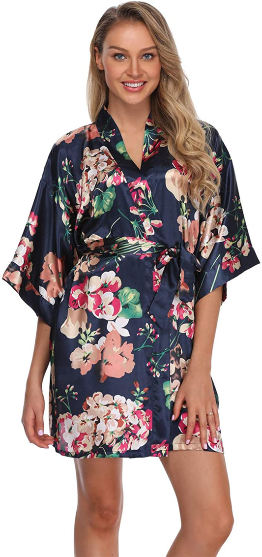 Women'S Floral Satin Kimono Robes Short Bridesmaid Robes for Wedding Party Apparel & Accessories > Clothing > Sleepwear & Loungewear > Robes Super Shopping-zone Navy Large 