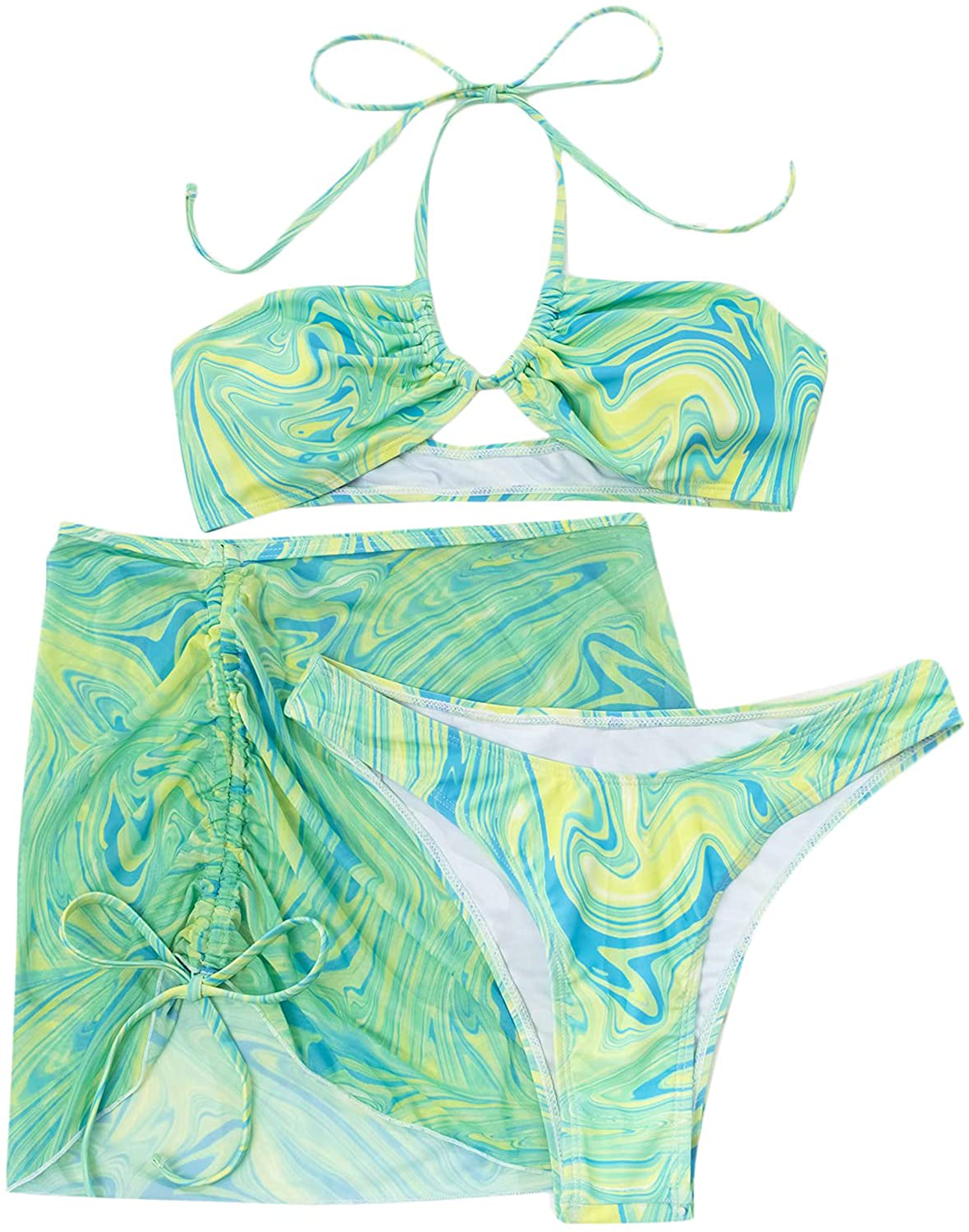 SOLY HUX Women's Wrap Triangle Bikini Bathing Suits with Mesh Beach Skirt 3 Piece Swimsuits Apparel & Accessories > Clothing > Swimwear KYLIE MAX Printed Multicoloured Green Large 