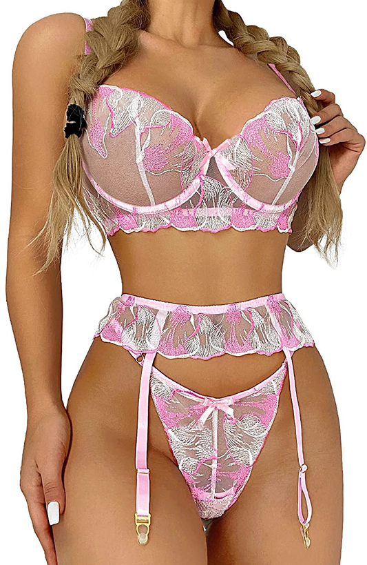 Kaei&Shi Floral Embroidered, Underwire, Cutout Back, G-String, Garter Belt Lingerie for Women Apparel & Accessories > Clothing > Underwear & Socks > Lingerie Kaei&Shi Pink 2-4 