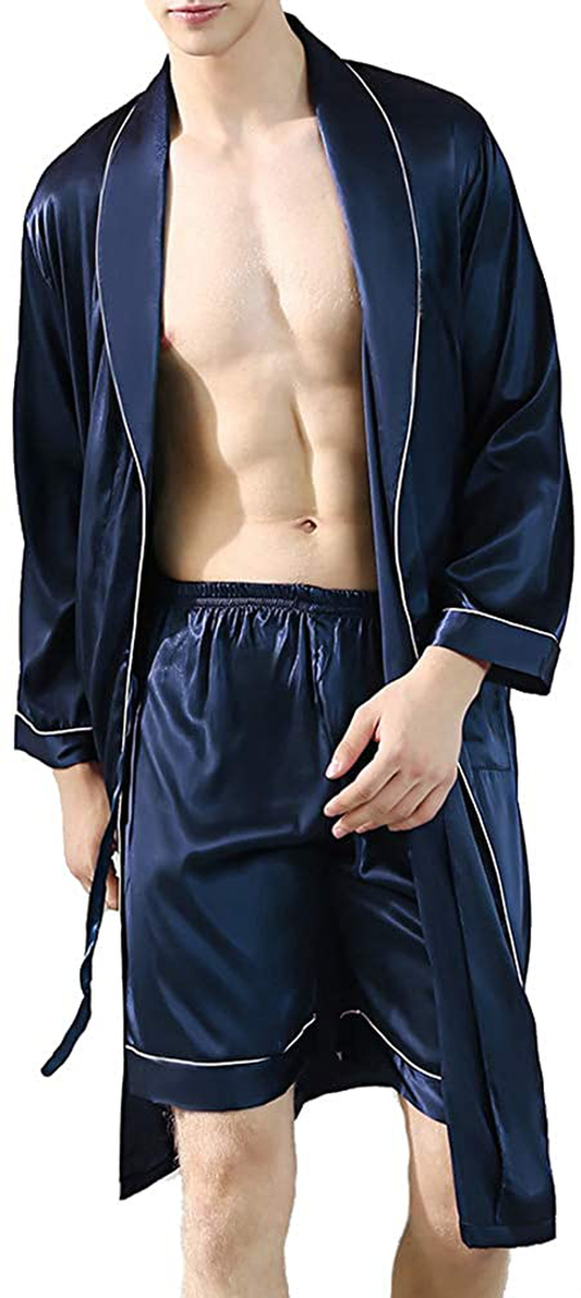 Lavnis Men'S Satin Bathrobe Nightgown Casual Kimono Robe Loungewear Sleepwear Pajama Set with Shorts Apparel & Accessories > Clothing > Sleepwear & Loungewear > Robes Kylie Max   