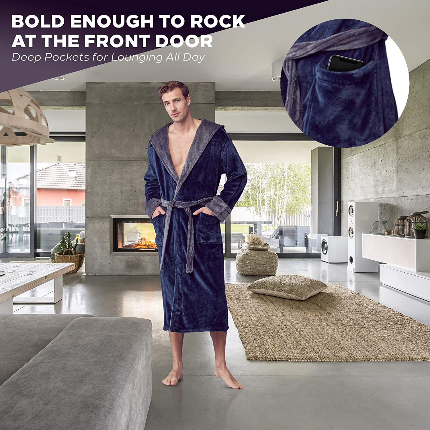 LOTUS LINEN Mens Plush Robe, Soft Hooded Long Robes for Men, Luxury Mens Bathrobes Apparel & Accessories > Clothing > Sleepwear & Loungewear > Robes Kylie Max   