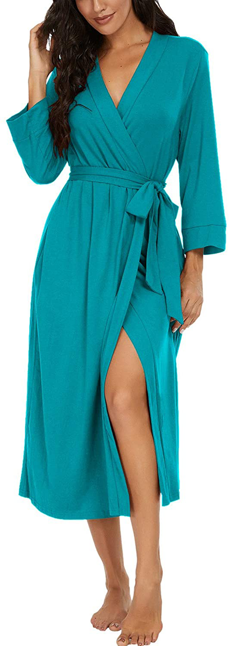 VINTATRE Women Kimono Robes Long Knit Bathrobe Lightweight Soft Knit Sleepwear V-Neck Casual Ladies Loungewear Apparel & Accessories > Clothing > Sleepwear & Loungewear > Robes VINTATRE D03 Dark Lake Blue Large 