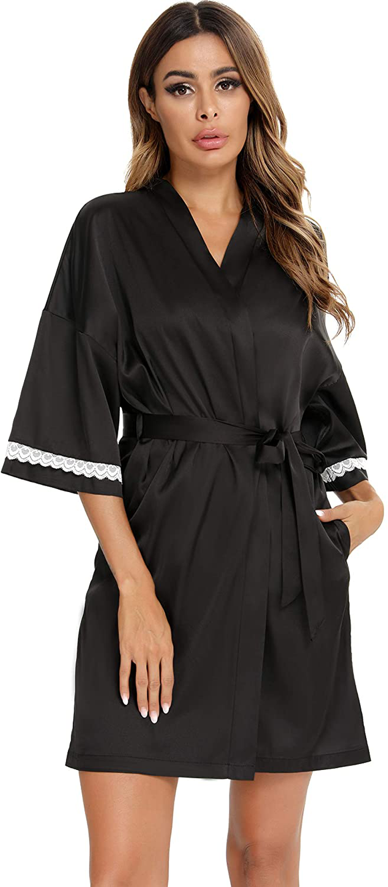 Vlazom Women'S Kimono Robes Short Satin Pure Color Bridal Party Robe with Oblique V-Neck Apparel & Accessories > Clothing > Sleepwear & Loungewear > Robes KYLIE MAX S-black Large 