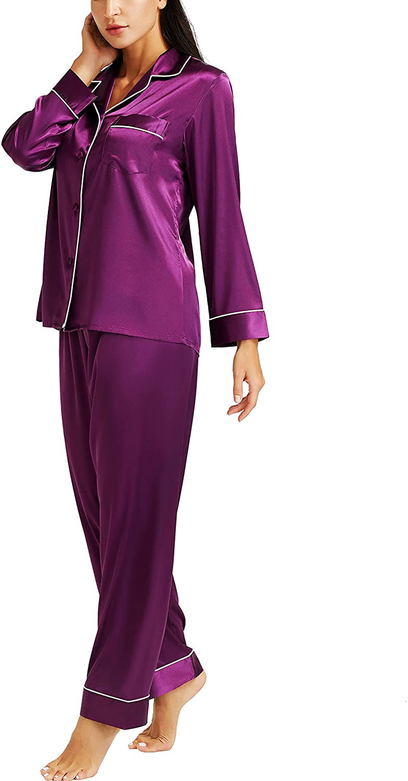 LONXU Womens Silk Satin Pajamas Set Button Down Sleepwear Loungewear XS~3XL Apparel & Accessories > Clothing > Sleepwear & Loungewear > Pajamas Lonxu Purple Large 