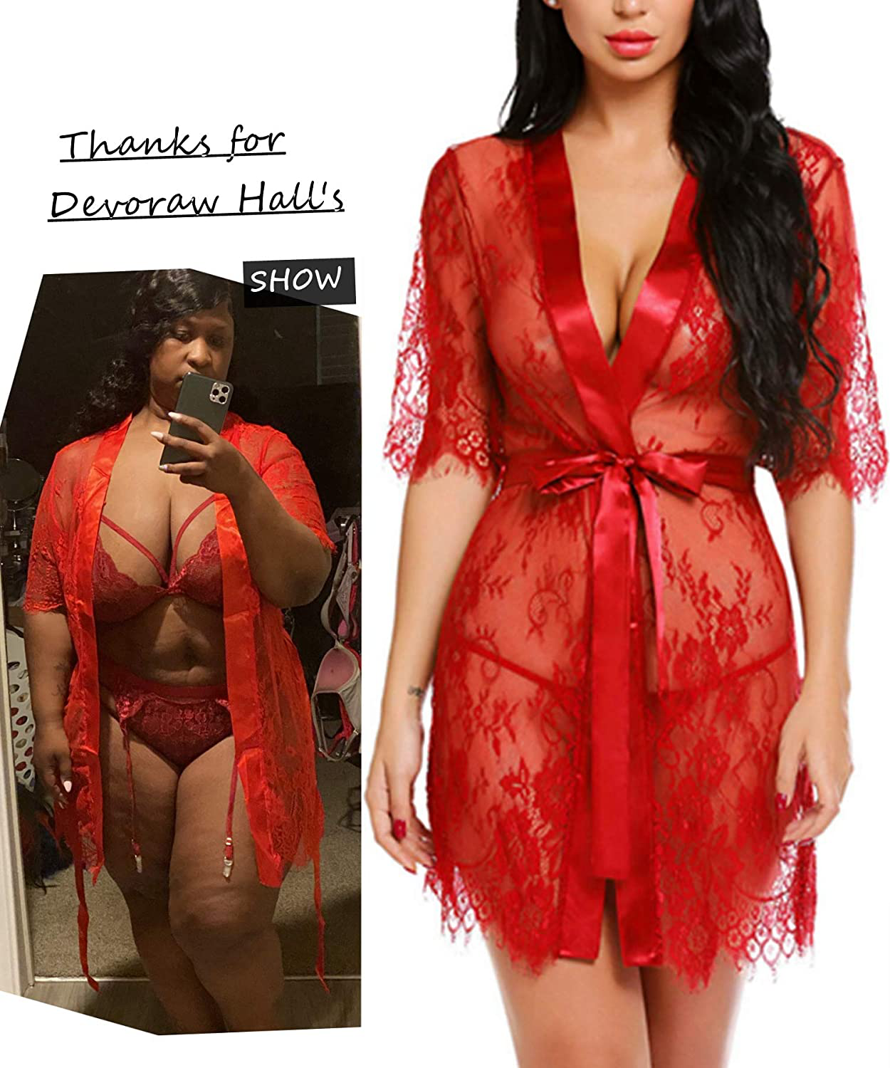 Avidlove Women Kimono Robe Floral Lace Babydoll Lingerie Sheer Mesh Nightgown Apparel & Accessories > Clothing > Underwear & Socks > Lingerie Kylie Max   