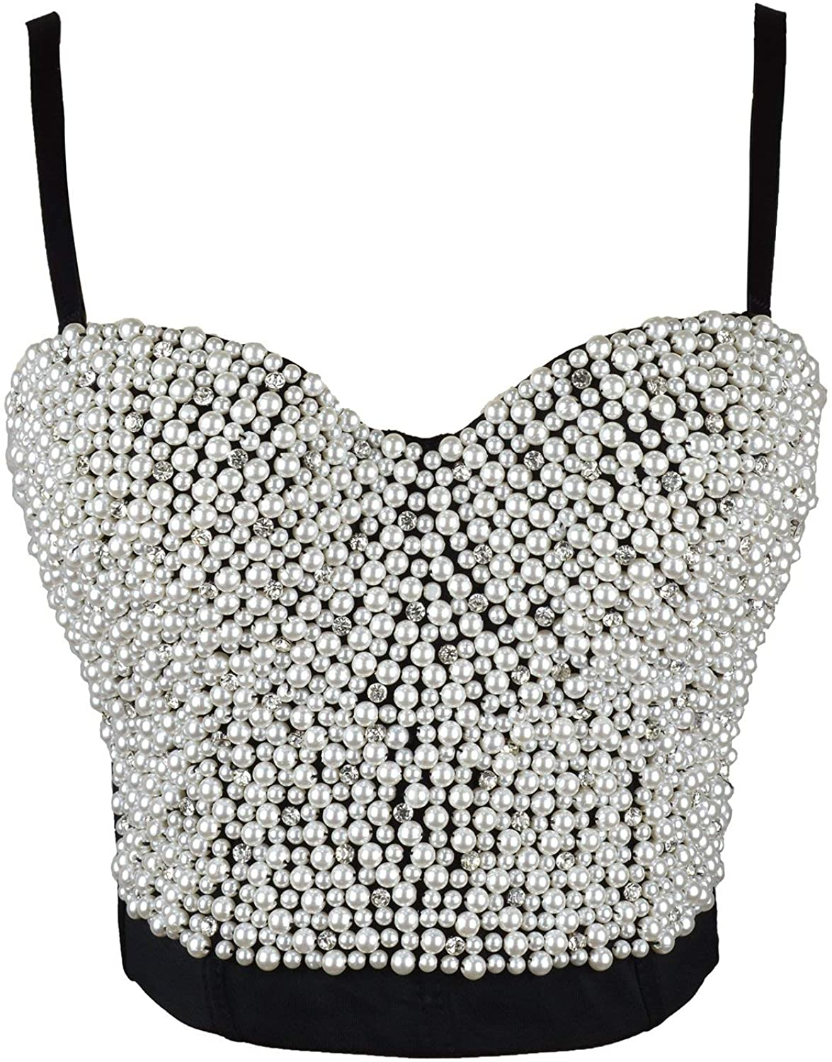 ELLACCI Sexy Pearls Beaded Rhinestone Bustier Crop Top Push up Corset Top with Detachable Straps Apparel & Accessories > Clothing > Underwear & Socks > Lingerie ELLACCI   