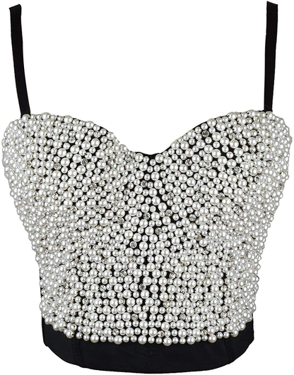 ELLACCI Sexy Pearls Beaded Rhinestone Bustier Crop Top Push up Corset Top with Detachable Straps Apparel & Accessories > Clothing > Underwear & Socks > Lingerie ELLACCI   