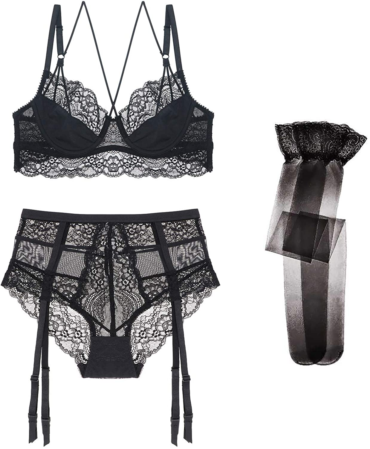 Women Push up Bras Set Lace Lingerie Bra and Panties and Garter and Stocking 4Pcs Apparel & Accessories > Clothing > Underwear & Socks > Lingerie Ningsige Black1 34A 