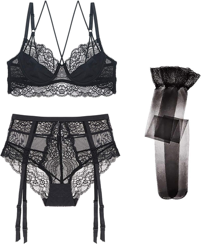 Women Push up Bras Set Lace Lingerie Bra and Panties and Garter and Stocking 4Pcs Apparel & Accessories > Clothing > Underwear & Socks > Lingerie Ningsige Black1 34A 